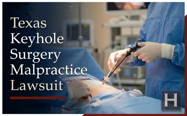A surgeon's gloved hands perform keyhole surgery on a patient, illustrating concerns for potential Texas Keyhole Surgery Malpractice that a lawyer reviews.