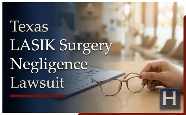A hand holds eyeglasses on a desk in a well-lit office, underscoring the role of a Texas LASIK Surgery Negligence lawyer in reviewing possible concerns.