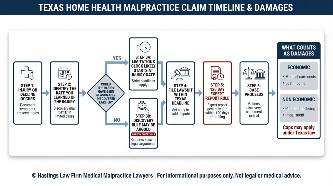 Diagrama de flujo que muestra los plazos clave en casos de negligencia profesional relacionados con Texas, que un abogado especializado en negligencia profesional de proveedores de atención médica a domicilio de Texas supervisa, incluyendo la fecha de la lesión, la regla de descubrimiento, la decisión, la presentación de la demanda y el requisito del informe pericial en un plazo de 120 días, además de un resumen de las categorías de daños económicos y no económicos.