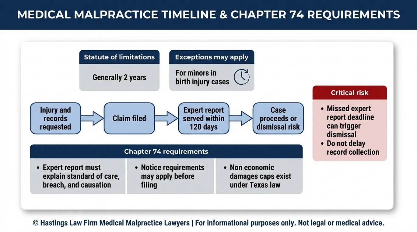 Data infographic timeline of Texas medical malpractice deadlines including the Chapter 74 expert report within 120 days and statute of limitations details relevant to a Texas Fetal Monitoring Malpractice Lawyer.