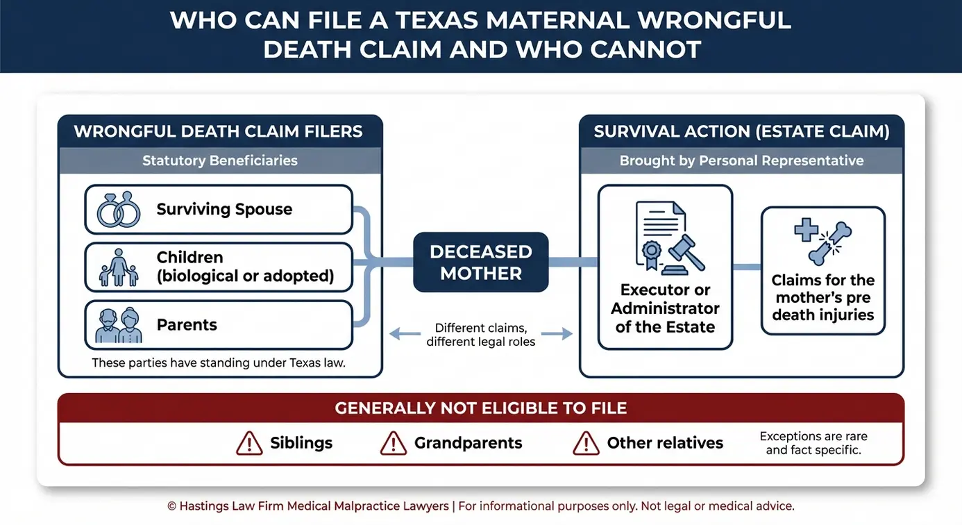 Entity map explaining who can file a wrongful death claim and who files the estate survival action in Texas for a Texas Maternal Wrongful Death Lawyer consultation.