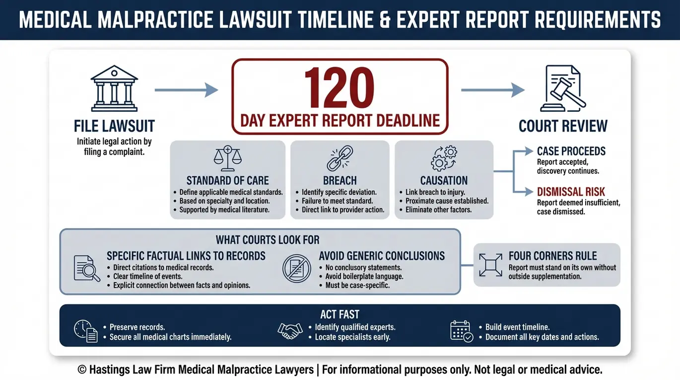 Timeline infographic of Texas medical malpractice requirements featuring the 120 day expert report deadline and required elements for a Texas Infant Herpes C-Section Error Lawyer claim.