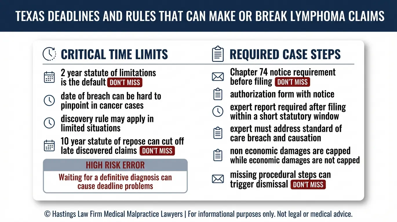 Lista de comprobación de advertencias que resume los plazos y requisitos procesales de la mala praxis Texas relevantes para una reclamación de un abogado especializado en linfomas Texas mal diagnosticados.