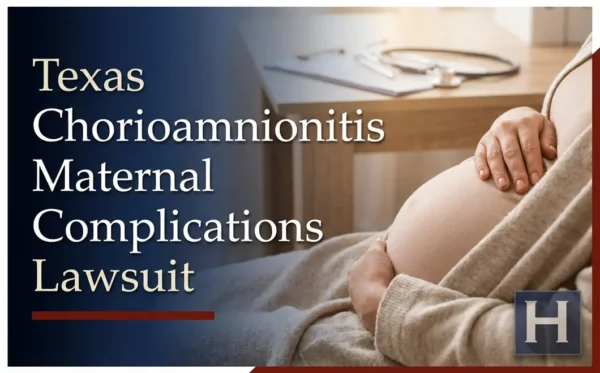 A pregnant person gently holds their belly, with a blurred medical setting in the background, reflecting the need for a Texas Chorioamnionitis Maternal Complications lawyer.