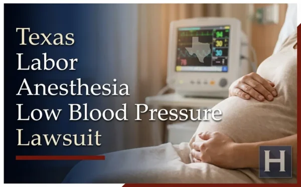 A pregnant woman holds her belly in a hospital room displaying a medical monitor with a Texas map, reflecting concerns for families seeking a Labor Anesthesia Low Blood Pressure lawyer.