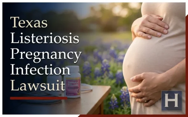 Una mujer embarazada se acaricia el vientre en un campo de bluebonnets, con un frasco de vitaminas prenatales a su lado, lo que ilustra la preocupación por la listeriosis durante el embarazo y la necesidad de contar con un abogado.