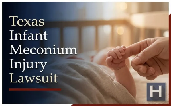 A baby's small hand holds an adult's finger, highlighting the need for a Texas Infant Meconium Injury lawyer for potential birth complications.
