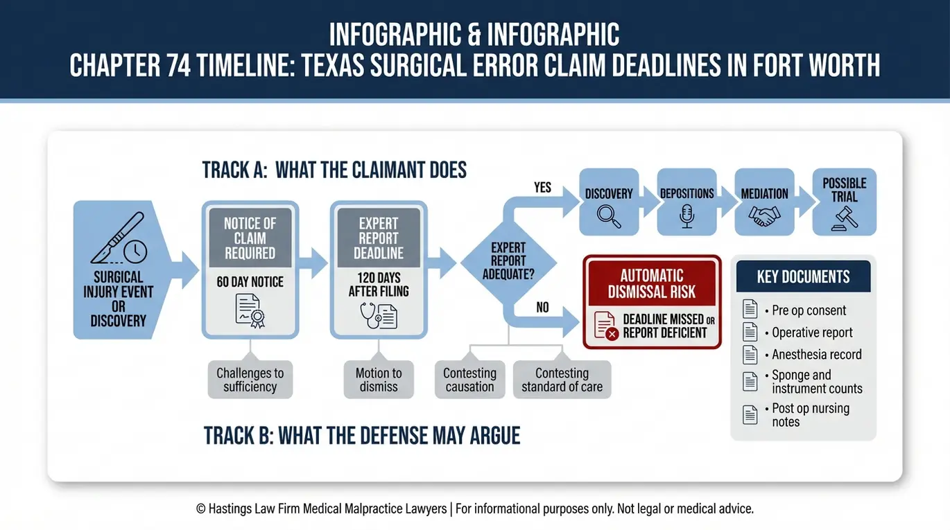 Process flowchart timeline of Texas Chapter 74 deadlines for a surgical negligence claim used by a Fort Worth Surgical Error Lawyer including notice requirement expert report timing and dismissal risk.