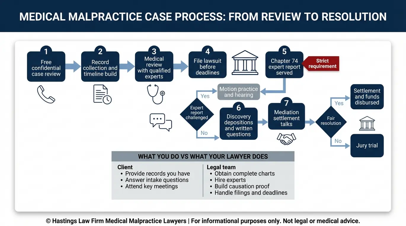 Process flowchart summarizing the Texas medical malpractice lawsuit steps for an epidural hypotension claim, aligned with Texas Maternal Hypotension Epidural Error Lawyer guidance from intake through mediation or trial.