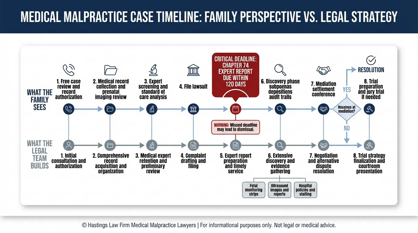 Timeline flowchart of the Texas Chapter 74 medical malpractice process including filing, discovery, mediation, trial, and the 120 day expert report deadline relevant to a Texas Vasa Previa Diagnosis Failure Lawyer claim.
