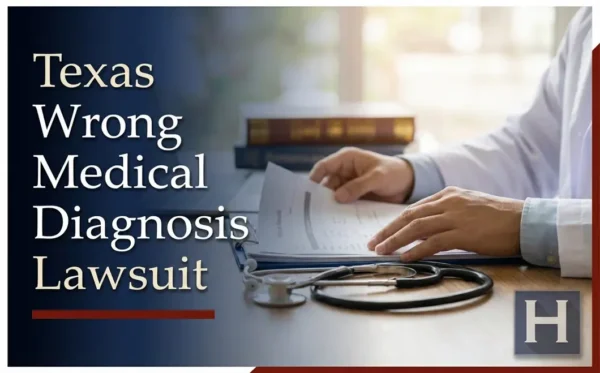 Un médico con bata blanca revisa documentos médicos en un escritorio con un estetoscopio y libros, ilustrando los complejos detalles que examina un abogado de Texas Diagnóstico médico erróneo.