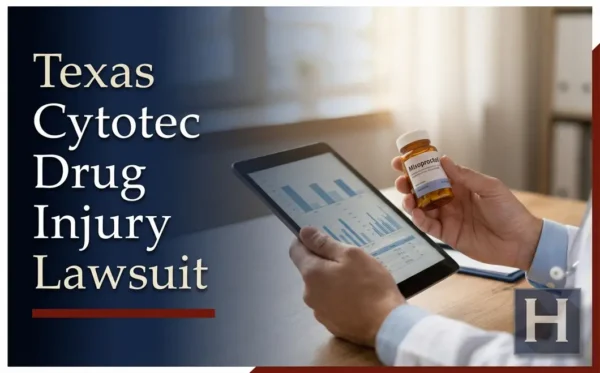 A medical professional reviews data on a tablet while holding a Misoprostol bottle, underscoring potential Texas Cytotec Drug Injury cases for a lawyer.