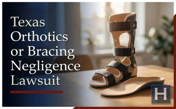 The image of a custom orthotic leg brace and insole on a wooden table highlights a Texas Orthotics or Bracing Negligence lawyer's focus on patient concerns.