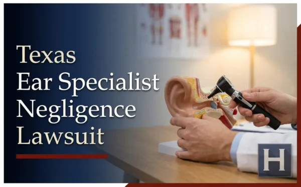 Las manos de un médico sostienen un otoscopio ante un modelo anatómico de oreja sobre un escritorio, lo que refleja la necesidad de contar con el mejor Texas Abogado especialista en negligencias del oído.