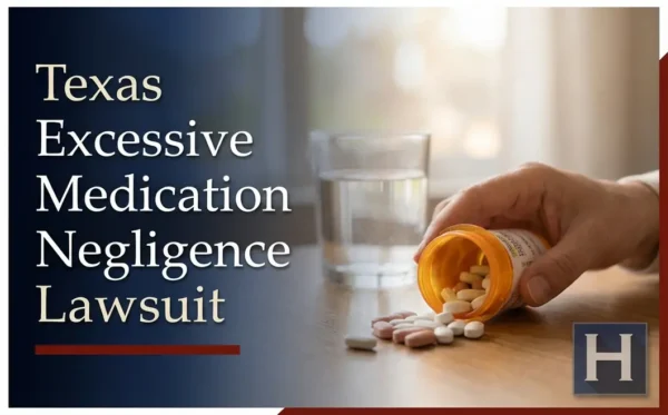 A hand pours pills from a bottle on a table next to a glass of water, underscoring the need for a Texas excessive medication negligence lawyer.
