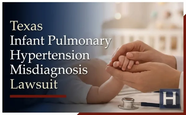 An adult's hands gently hold an infant's small hand, with a stethoscope nearby, underscoring concerns for families in Texas seeking an Infant Pulmonary Hypertension Misdiagnosis lawyer.
