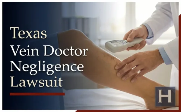 Un médico con bata blanca examina la pierna de un paciente con un dispositivo médico, lo que ilustra los problemas que podría abordar un abogado especializado en negligencia médica de Texas Vein Doctor.