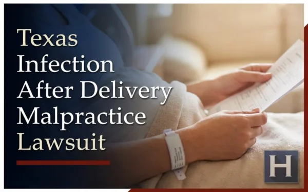 Una persona con una muñequera del hospital lee documentos médicos, lo que subraya la necesidad de un abogado especializado en negligencias Texas Infection After Delivery.