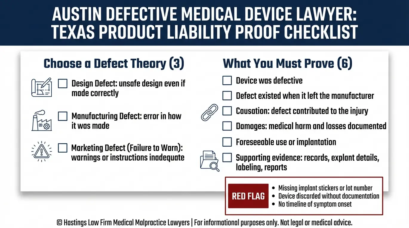 Checklist summarizing Texas product liability defect theories and burden of proof for an Austin Defective Medical Device Lawyer inquiry.