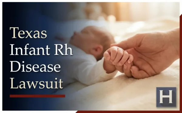 A peaceful newborn baby's tiny hand grasps an adult's finger, underscoring the critical role of a Texas Infant Rh Disease lawyer.