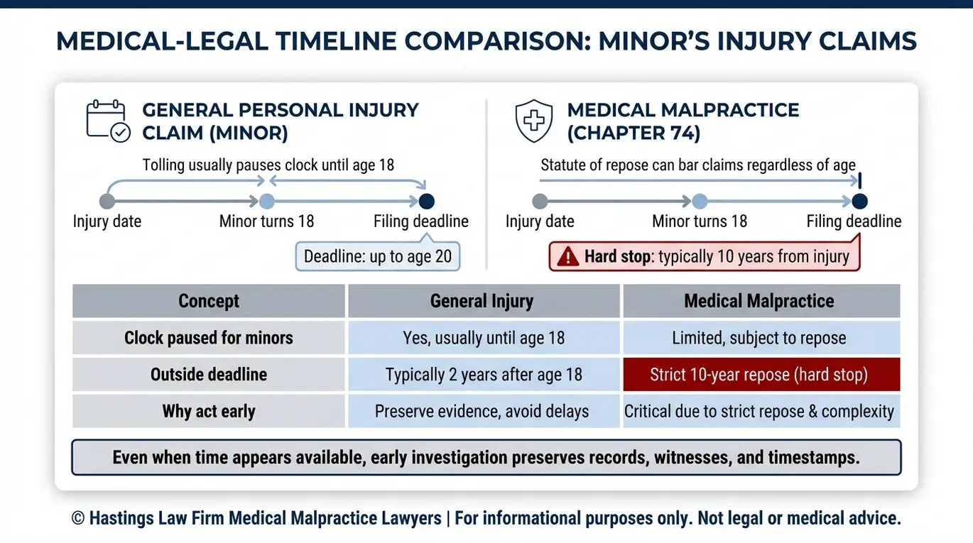 Comparison chart explaining Texas Infant Injury Liability Laws deadlines with a side by side timeline of tolling for minors versus the medical malpractice statute of repose and key filing milestone labels.