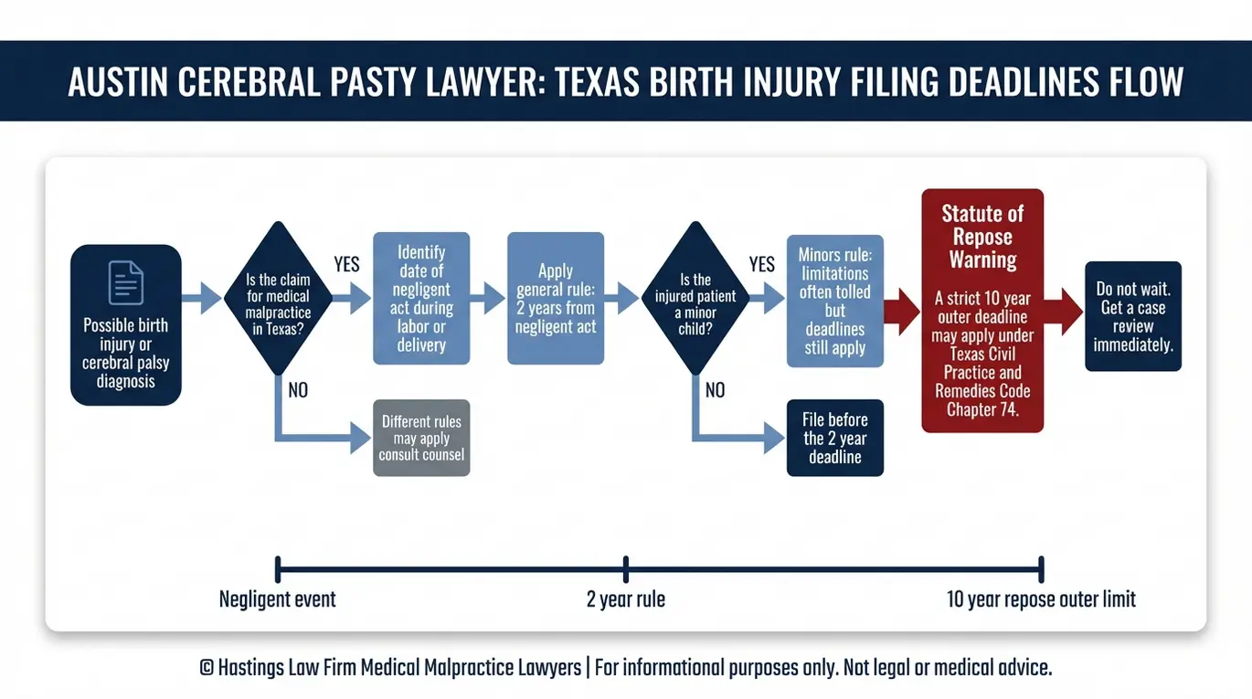 Proceso de diagrama de flujo que explica Texas lesiones de nacimiento estatutos de limitaciones y reposo para las familias que buscan un abogado de parálisis cerebral Austin incluyendo la regla de dos años menores tolling y la advertencia de diez años de reposo.