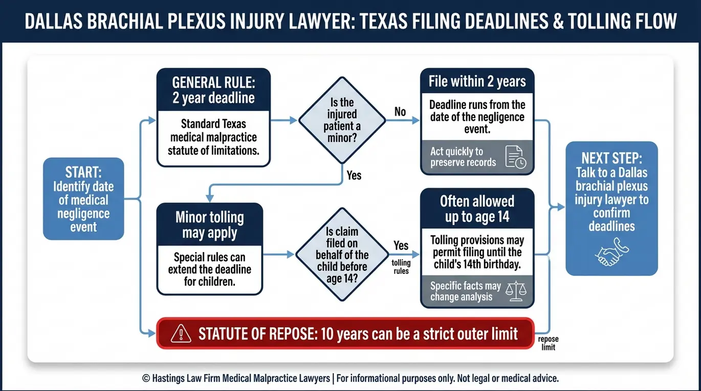 Decision flowchart summarizing Texas statute of limitations and tolling rules for families contacting a Dallas brachial plexus injury lawyer.