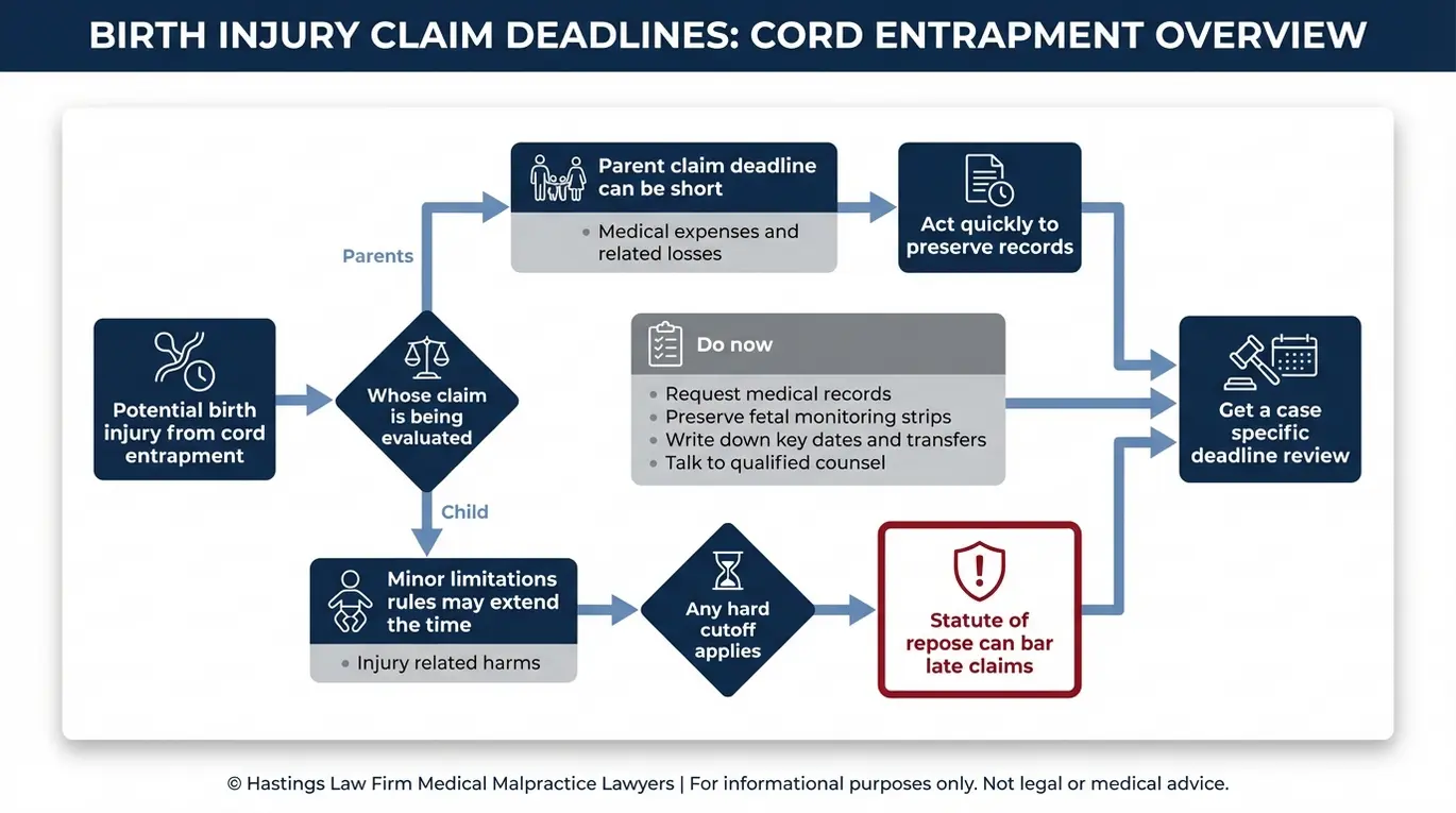 Process flowchart explaining Texas birth injury statute of limitations pathways for parent claims and child claims used by a Texas Umbilical Cord Entrapment Lawyer when evaluating filing deadlines.