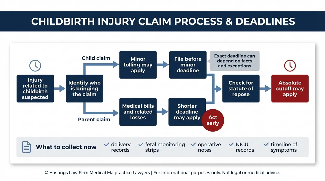 Diagrama de flujo que describe los pasos del plazo de prescripción según la ley Texas para las demandas por lesiones de nacimiento de niños y padres; resulta útil a la hora de ponerse en contacto con un abogado especializado en lesiones del plexo braquial bajo la ley Texas.