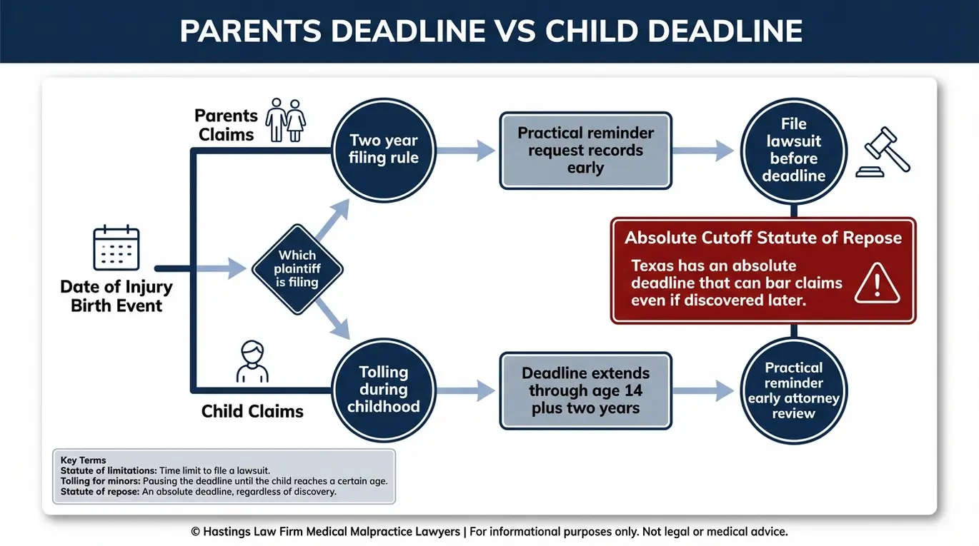 Diagrama de flujo de dos vías que utiliza un abogado especializado en lesiones durante el parto de Houston para explicar los plazos de las demandas por lesiones durante el parto según la regla Texas, incluyendo la norma de los dos años para la presentación de la demanda por parte de los padres, la suspensión del plazo hasta los 14 años más dos años, y el plazo de prescripción, que supone un límite absoluto.