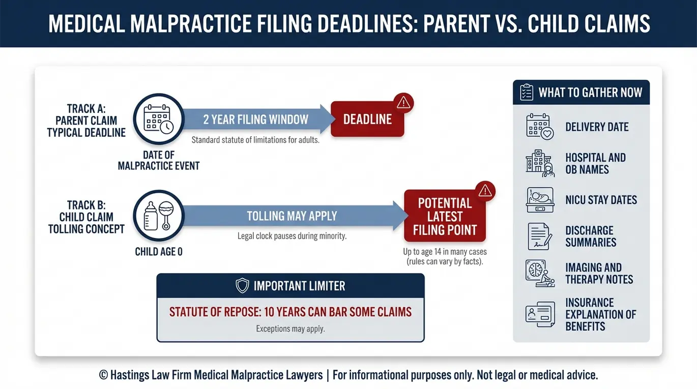 Data infographic timeline summarizing Texas birth injury statute of limitations rules for parents and children to help a Texas Breech Extraction Error Lawyer evaluate filing deadlines.