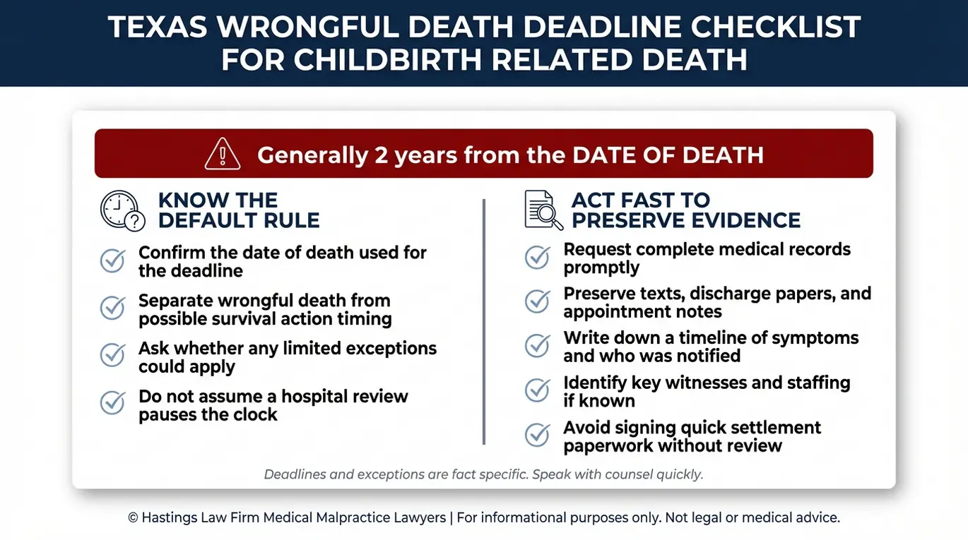 Warning checklist summarizing the two year statute of limitations steps for preserving evidence in a Texas Maternal Wrongful Death Lawyer case.