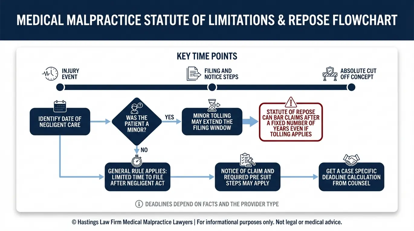 Process flowchart explaining how Texas statute of limitations rules and minor tolling interact with repose deadlines for families consulting a Texas Hypernatremic Dehydration Lawyer.