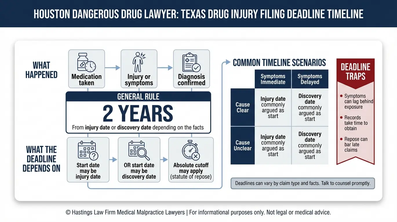 Infografía con una línea de tiempo que explica el plazo de prescripción Texas en un caso de un abogado especializado en drogas peligrosas en Houston, con diferentes escenarios en los que se comparan la fecha de la lesión y la fecha de descubrimiento, así como las trampas relacionadas con los plazos.
