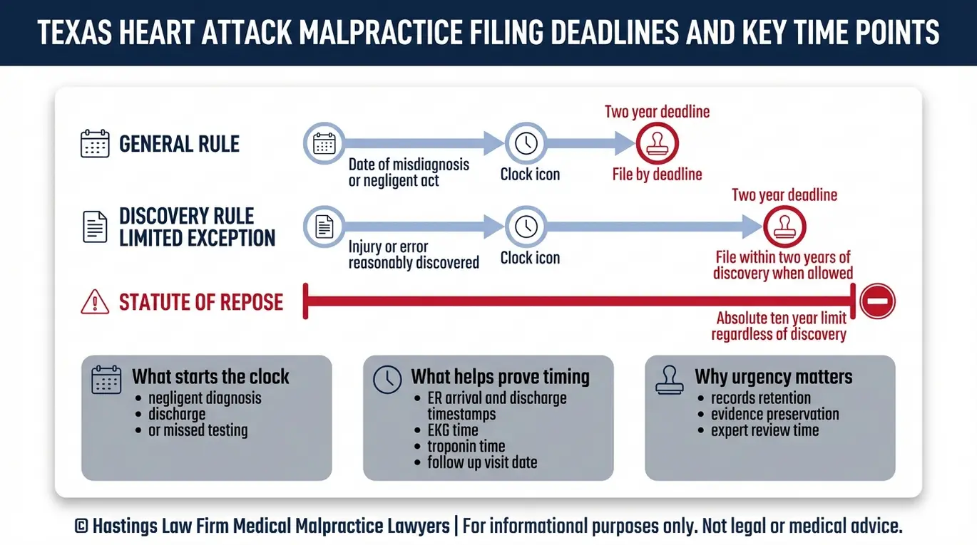 Infografía de la línea de tiempo de dos pistas de los plazos de presentación de Texas que muestra la regla de dos años, la regla de descubrimiento limitado, y diez años de reposo para una revisión de casos de Texas Heart Attack Misdiagnosis Lawyer.