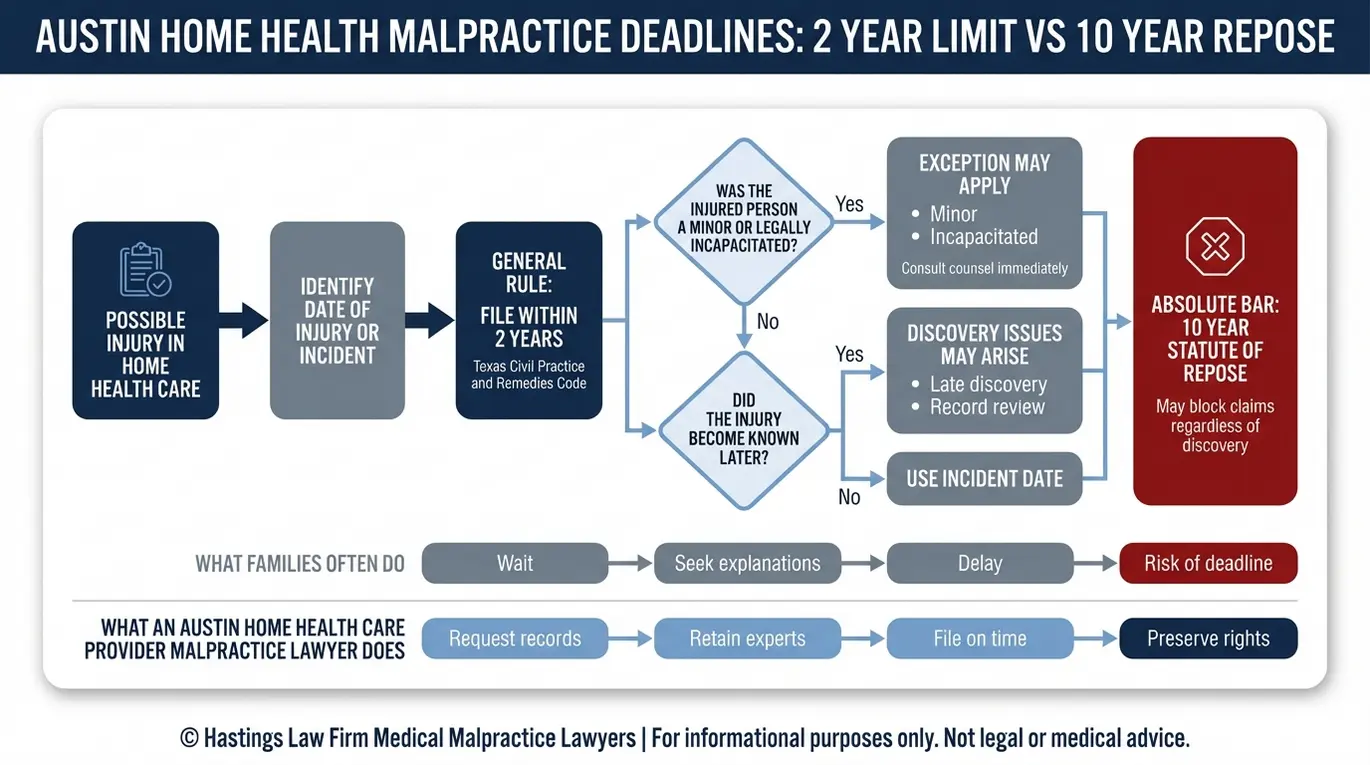Diagrama de flujo del proceso para un abogado especializado en negligencia profesional de proveedores de atención médica domiciliaria en Austin, en el que se indican los plazos de presentación de Texas con una regla de prescripción de dos años, los puntos de control de excepciones y un plazo de caducidad de diez años.
