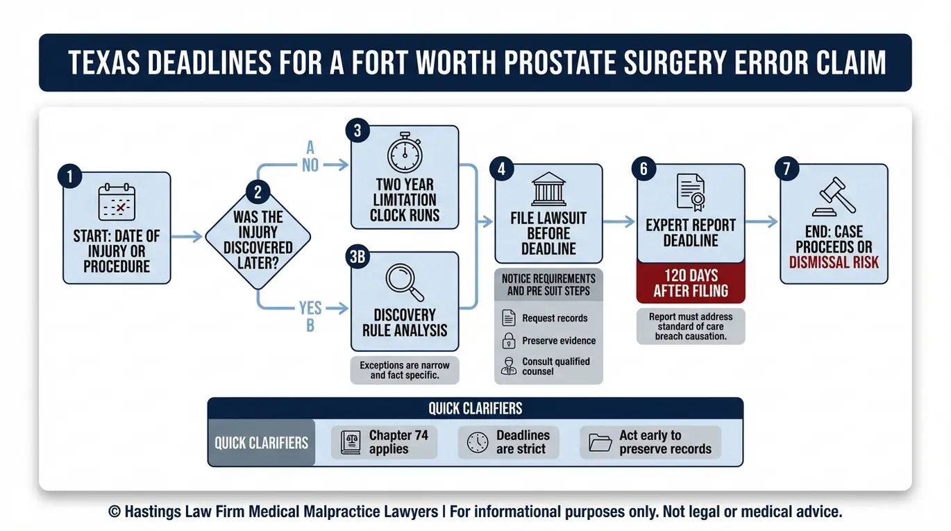 Process flowchart timeline of Texas statute of limitations and expert report steps for a Fort Worth Prostate Surgery Error Lawyer case including two year filing rule discovery rule branch and 120 day expert report deadline.