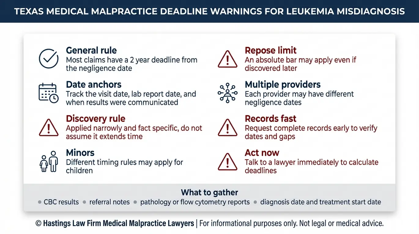 Lista de verificación de advertencias que resume los riesgos relacionados con los plazos de prescripción y caducidad para la evaluación de un abogado especializado en casos de diagnóstico erróneo de leucemia Texas, incluyendo fechas clave, la regla del descubrimiento y qué expedientes médicos se deben recopilar.