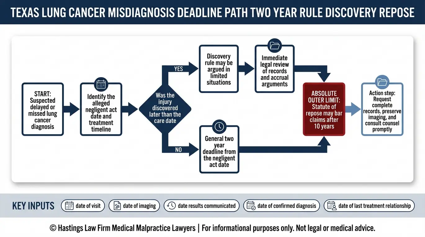 Process flowchart explaining how deadlines can apply in a Texas Lung Cancer Misdiagnosis Lawyer claim including the two year rule discovery rule and 10 year repose.