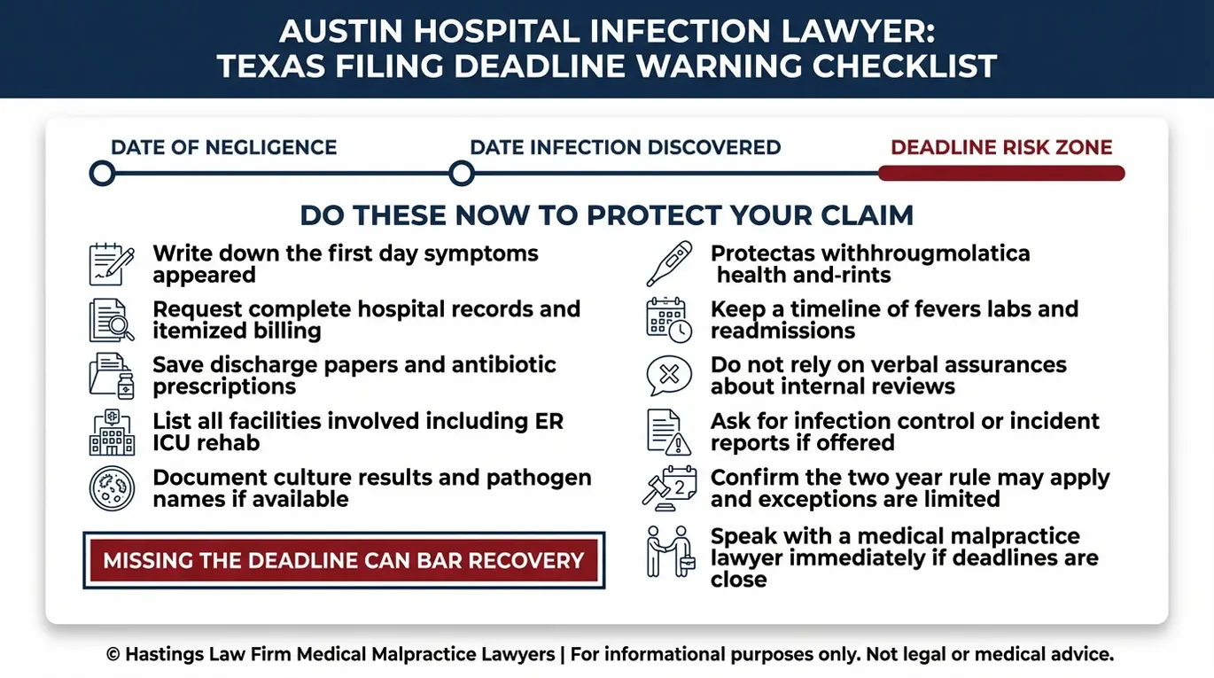 Lista de verificación y calendario en los que se explican los plazos de presentación de demandas por negligencia médica según el principio Texas para una reclamación ante un abogado especializado en infecciones hospitalarias de Austin relacionada con el descubrimiento tardío de una infección.