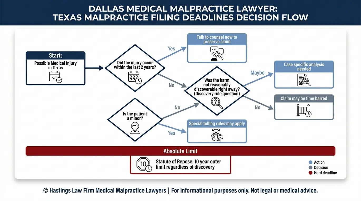 Decision tree showing how a Dallas medical malpractice lawyer evaluates Texas statute of limitations rules including the two year deadline, discovery rule, minors tolling, and the ten year statute of repose.