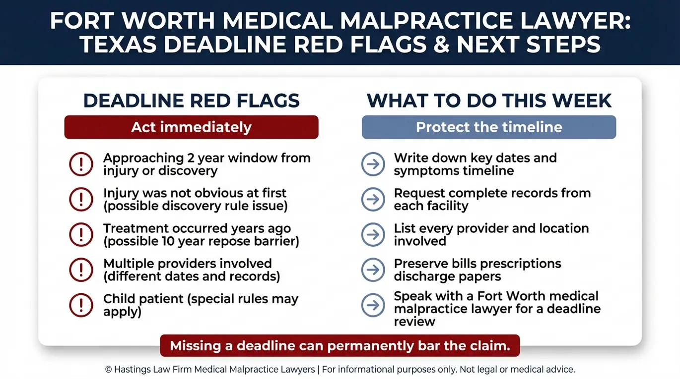 Lista de verificación de advertencia para una revisión de Fort Worth abogado de negligencia médica que cubre Texas estatuto de limitaciones banderas rojas y los pasos inmediatos para proteger los plazos clave.