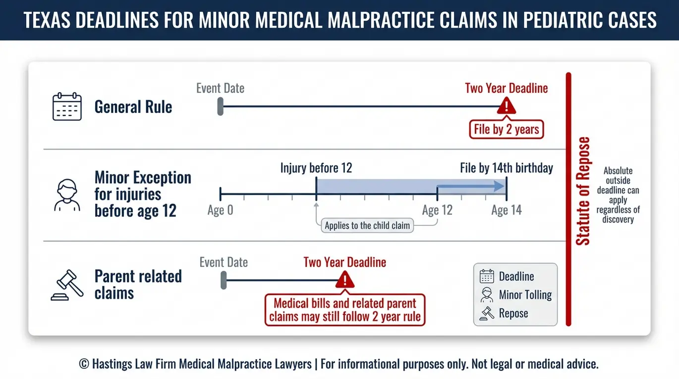 Timeline infographic explaining Texas statute of limitations rules for minors in pediatric medical malpractice cases and why a Fort Worth Pediatric Malpractice Lawyer reviews child and parent claim deadlines.