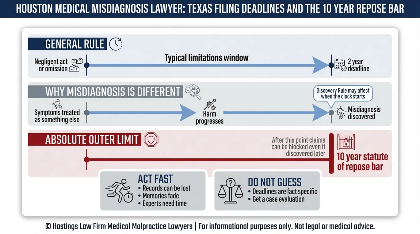 Línea de tiempo infográfico que resume Texas mal diagnóstico plazos de presentación de un abogado de Houston de diagnóstico médico erróneo incluyendo la regla de dos años de limitaciones, el concepto de la regla de descubrimiento, y el estatuto de 10 años de la barra de reposo.