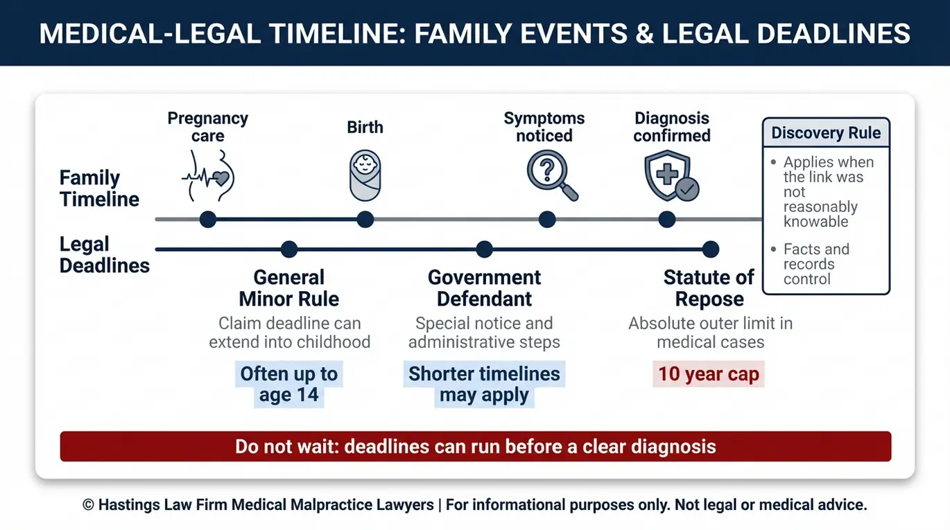 Data infographic timeline summarizing Texas missed congenital CMV lawyer statute of limitations concepts including age 14 rule government claim deadlines discovery rule and 10 year statute of repose.