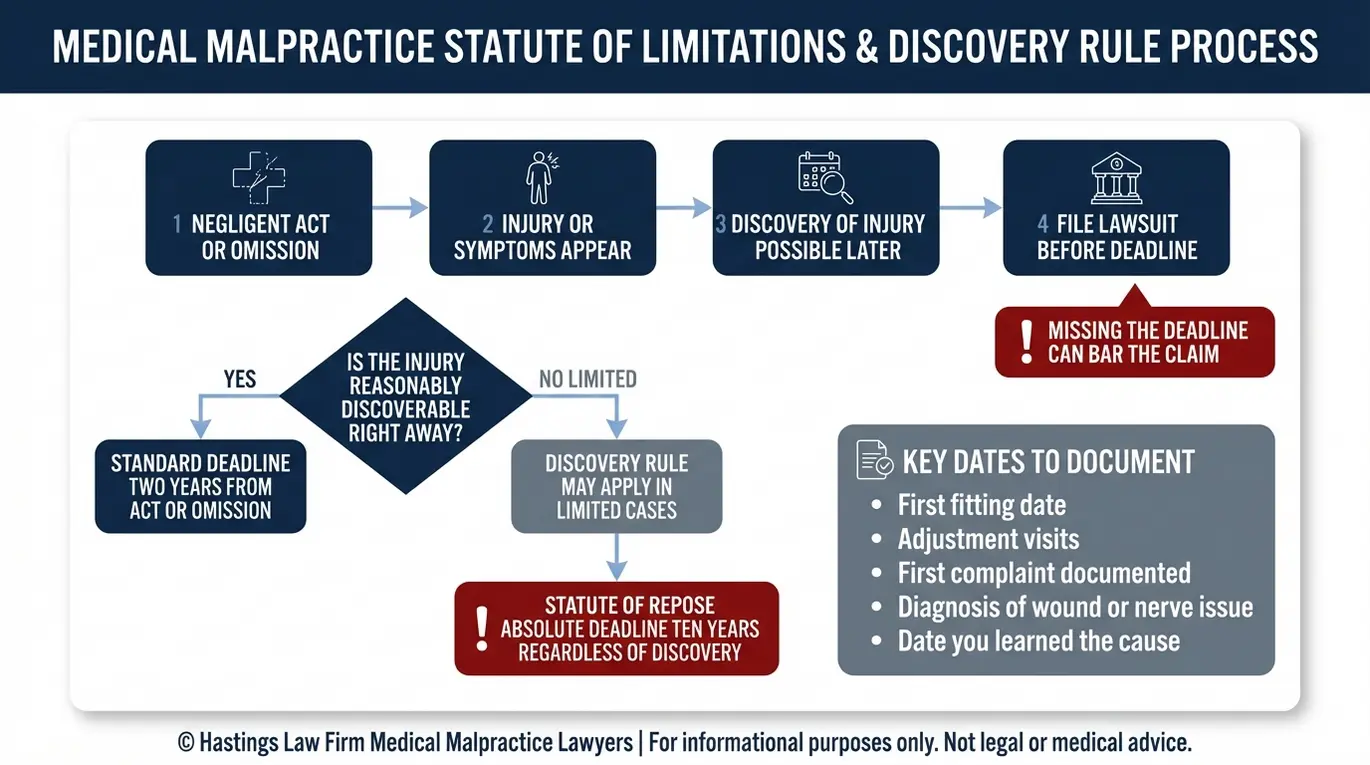 Process flowchart showing the Texas statute of limitations timeline and discovery rule decision points for a Texas Orthotist Malpractice Lawyer lawsuit filing deadline.