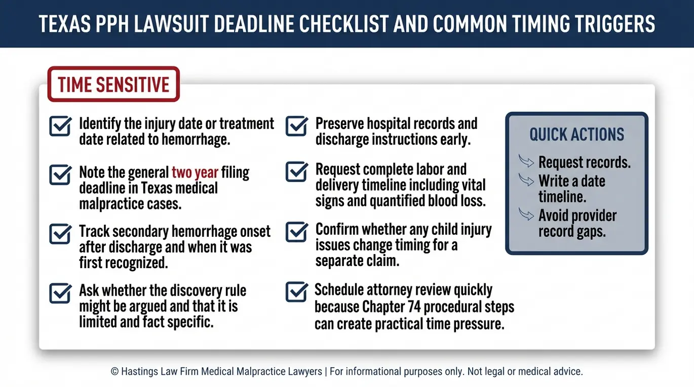 Warning checklist summarizing Texas statute of limitations timing triggers for a Texas Postpartum Hemorrhage Lawyer evaluation of postpartum hemorrhage claims.