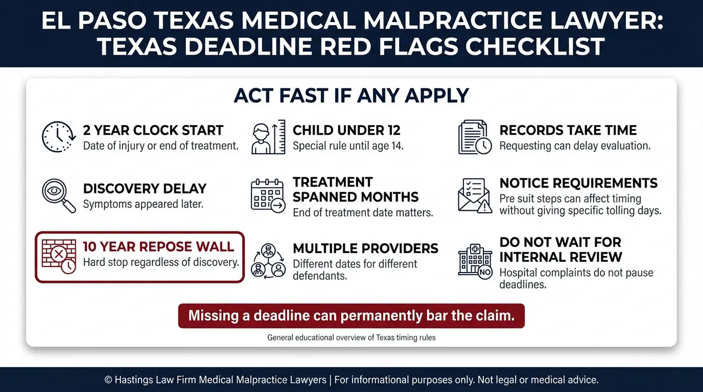 Lista de verificación de advertencias que resume los plazos de prescripción Texas y los plazos de caducidad, así como los aspectos que deben tener en cuenta los pacientes según lo señalado por un abogado especializado en negligencia médica Texas de El Paso, incluyendo el plazo de dos años, el plazo de caducidad de diez años y las normas especiales para menores.
