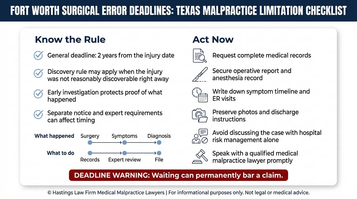 Warning checklist summarizing the Texas medical malpractice statute of limitations and urgent next steps for someone seeking a Fort Worth Gallbladder Surgery Error Lawyer.