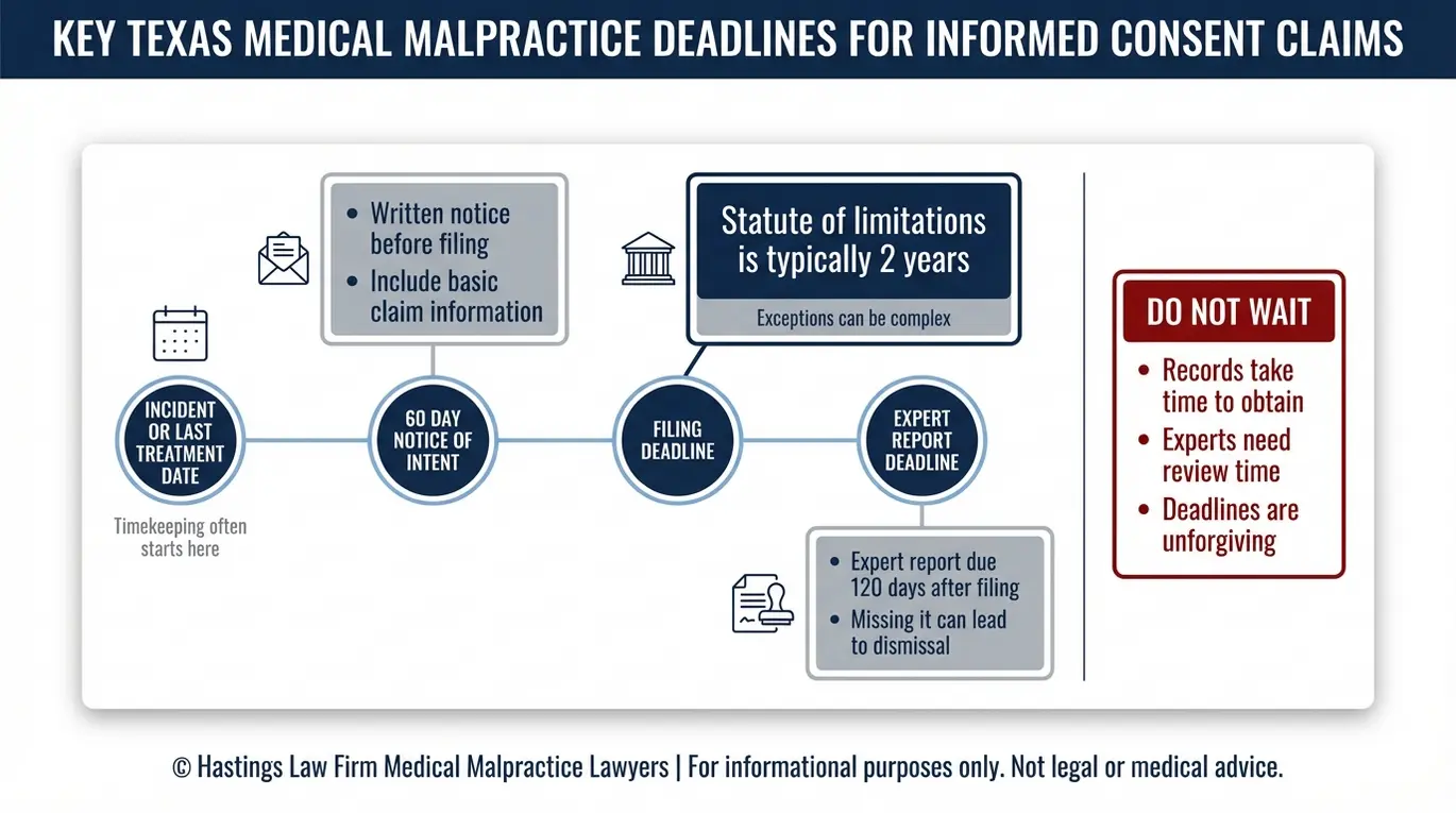 Infografía con la cronología de los plazos en casos de negligencia médica relacionados con el principio Texas, incluyendo el plazo de notificación de 60 días, el plazo de prescripción de dos años y el plazo de 120 días para presentar el informe pericial, para la búsqueda de información sobre abogados especializados en casos de incumplimiento del principio Texas (falta de obtención del consentimiento informado).
